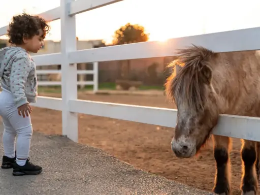 Bambina curiosa osserva un pony dietro una staccionata. Un'esperienza indimenticabile tra animali in Lombardia al tramonto.
