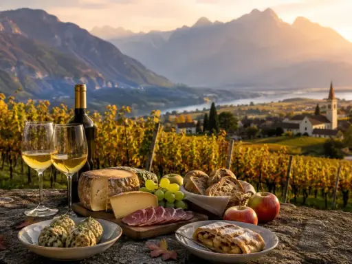 Un brindisi ai viaggi enogastronomici in Italia: vino, formaggi, pane e strudel con vista su vigneti e montagne al tramonto.