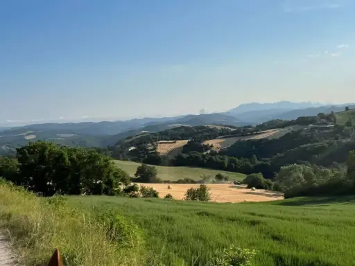 Due persone in sella a cavalli godono di splendide passeggiate a cavallo in Umbria, tra colline verdi e campi dorati.