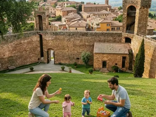 Famiglia gioca sull'erba con vista su Montalcino, borgo medievale con mura antiche e case in pietra.