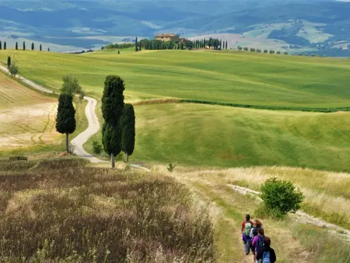 Un gruppo di escursionisti vive le **esperienze Val d'Orcia** su un sentiero tra colline verdi e cipressi, con una casa colonica in lontananza.