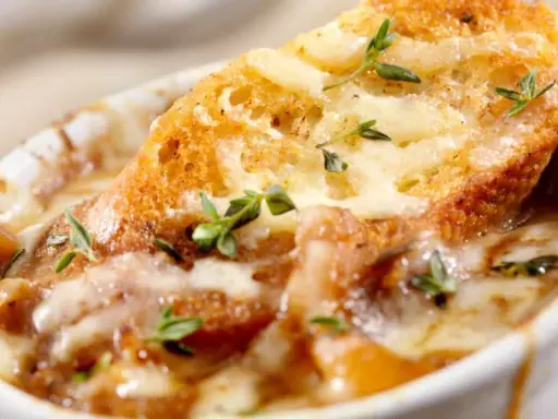 Una ricca zuppa di cipolle toscana, con crostini dorati e formaggio fuso, guarnita con timo fresco.