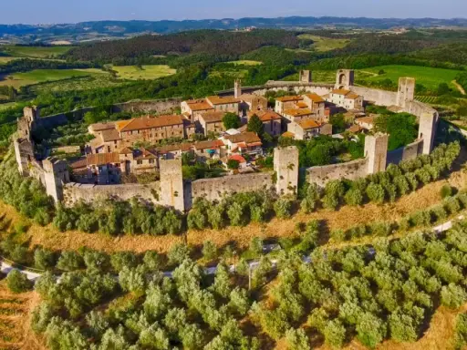 Borghi medievali vicino Firenze, un gioiello fortificato tra ulivi e vigneti, con torri e mura che raccontano storie antiche.