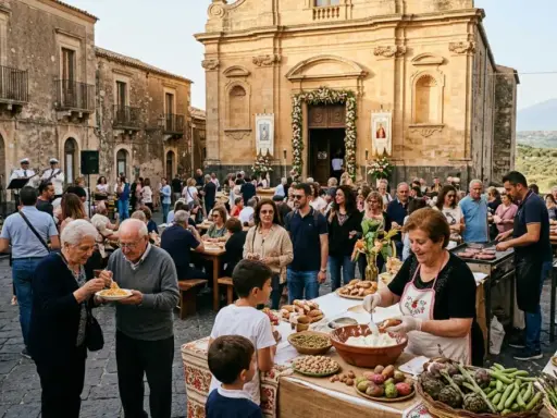 Festa di paese con musica e bancarelle di cibo, un'atmosfera vivace che ricorda le sagre autunnali.