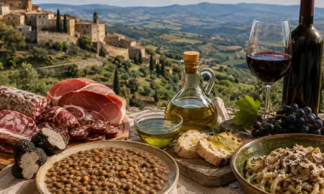 Sapori umbri: salumi, tartufi, lenticchie e vino, perfetti per un tour enogastronomico in Umbria con vista panoramica.