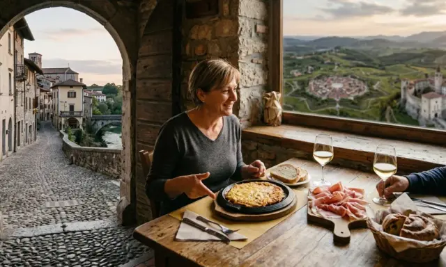 Coppia assapora la gastronomia Friuli Venezia Giulia in un borgo storico, con vista su un castello e colline.