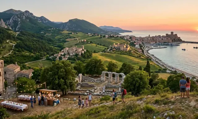 Panoramica mozzafiato dei piccoli paesi del Molise, con rovine antiche, un banchetto all'aperto e una coppia che ammira il tramonto sul mare.