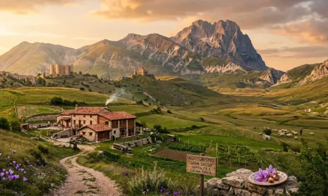 Agriturismi in Abruzzo montagna: un borgo con castelli domina la valle verdeggiante, con un casale fumante e un gregge al pascolo sotto il Gran Sasso.