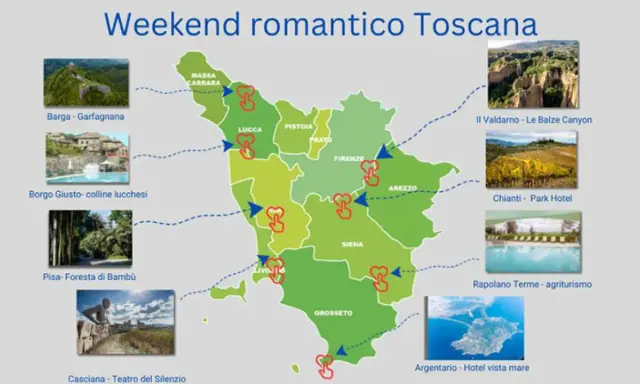 Mappa dei borghi vicino Siena e altre mete romantiche in Toscana, con immagini di castelli, canyon, vigneti e agriturismi.