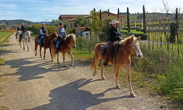 Cavalcata in un maneggio toscana, tra colline verdi e casali antichi.