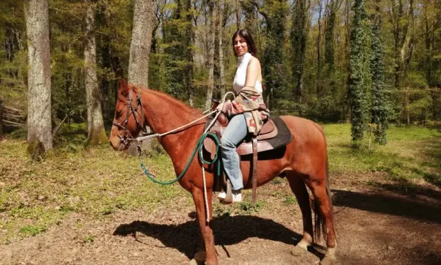 Donna a cavallo in un bosco del Lazio, godendosi una tranquilla passeggiata a cavallo.