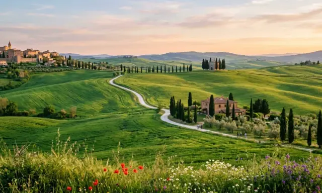 Dolci colline verdi in **Val d'Orcia primavera**, con un casale, cipressi e un borgo all'orizzonte.