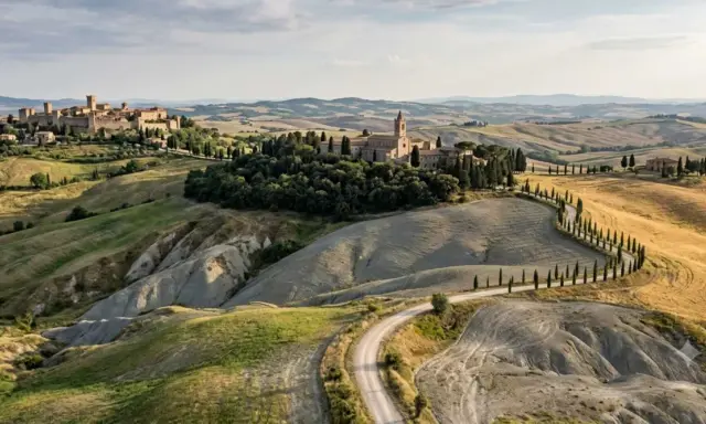 Dolci colline senesi con un borgo medievale e un'abbazia, attraversate da una strada sinuosa fiancheggiata da cipressi.