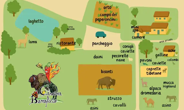 Mappa di una cascina con animali: lama, bisonti, struzzi, asini, conigli, caviette, pecorelle nane, caprette tibetane, pavoni, galline, oche, colombi, alpaca, dromedari e mucca Highland.