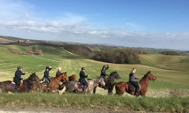 Un gruppo di persone in sella a cavalli attraversa un paesaggio collinare verdeggiante, godendosi le loro vacanze a cavallo sotto un cielo azzurro.