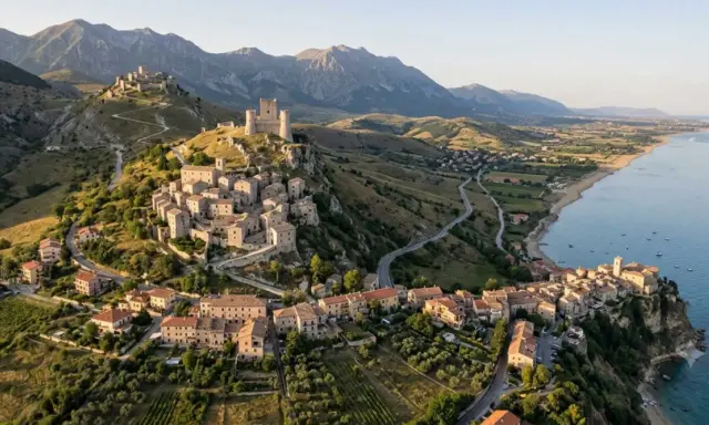Borghi arroccati sui monti dell'Abruzzo, con castelli medievali e vista sul mare Adriatico.