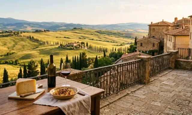 Un pasto delizioso con pasta, formaggio e vino rosso, perfetto per mangiare a Pienza, con vista sulle colline toscane.
