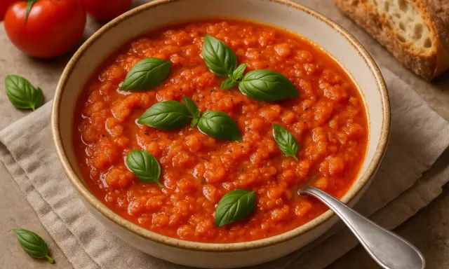 Pappa al pomodoro toscana, una zuppa densa e saporita, guarnita con basilico fresco. Perfetta con pane tostato.