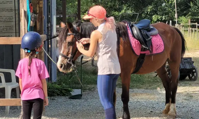 Bambina con casco blu e maglietta rosa osserva un cavallo marrone pronto per un giro a cavallo per bambini. Una ragazza con cappellino arancione prepara il cavallo.