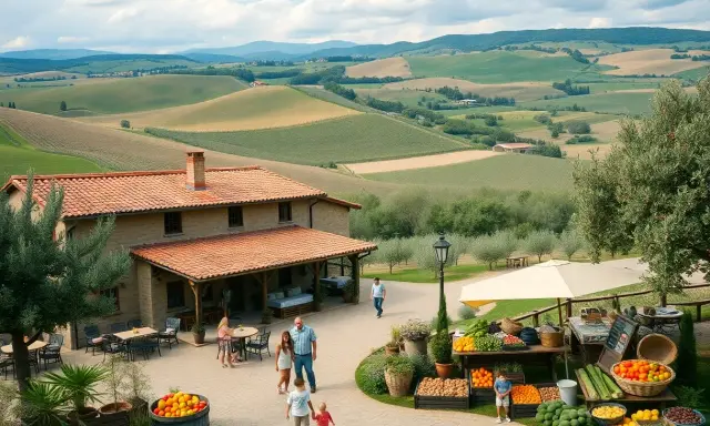 Un incantevole scorcio di un viaggio in Toscana: una casa colonica con tetto in cotto, circondata da dolci colline verdi e un mercato di prodotti freschi.