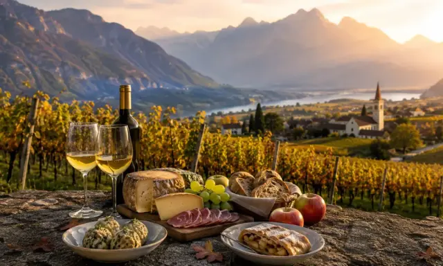 Un brindisi ai viaggi enogastronomici in Italia: vino, formaggi, pane e strudel con vista su vigneti e montagne al tramonto.