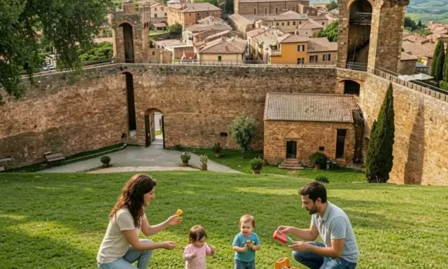 Famiglia gioca sull'erba con vista su Montalcino, borgo medievale con mura antiche e case in pietra.