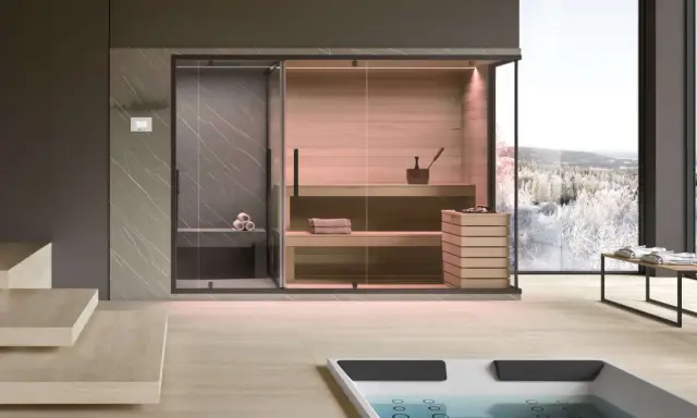 Moderna spa per famiglie con sauna in legno, doccia e vista panoramica su un paesaggio innevato.