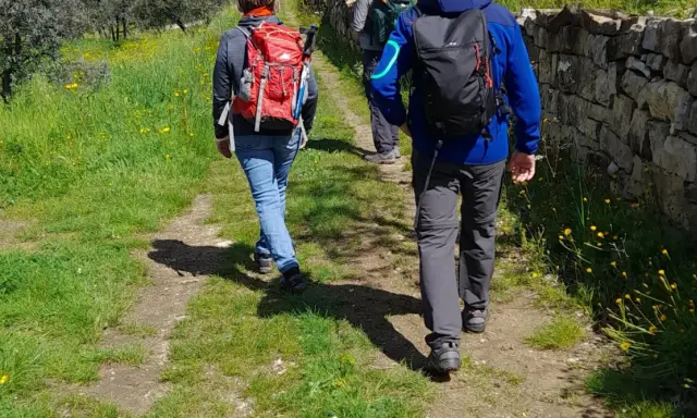 Persone con zaini fanno trekking in Toscana, vicino a Firenze, su un sentiero fiorito.