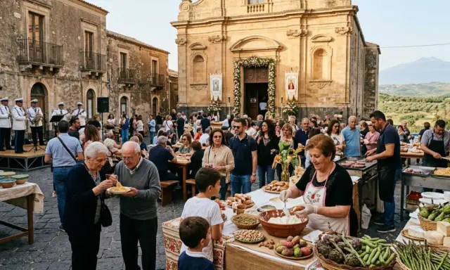 Festa di paese con musica e bancarelle di cibo, un'atmosfera vivace che ricorda le sagre autunnali.