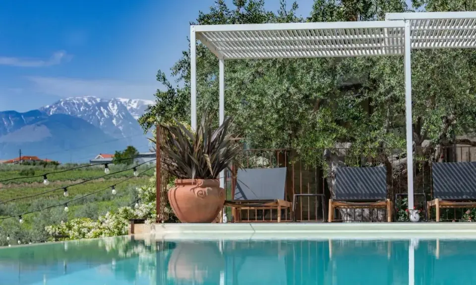 Piscina con vista sulle montagne innevate, ideale per una vacanza in Abruzzo montagna. Relax sotto il pergolato tra ulivi secolari.