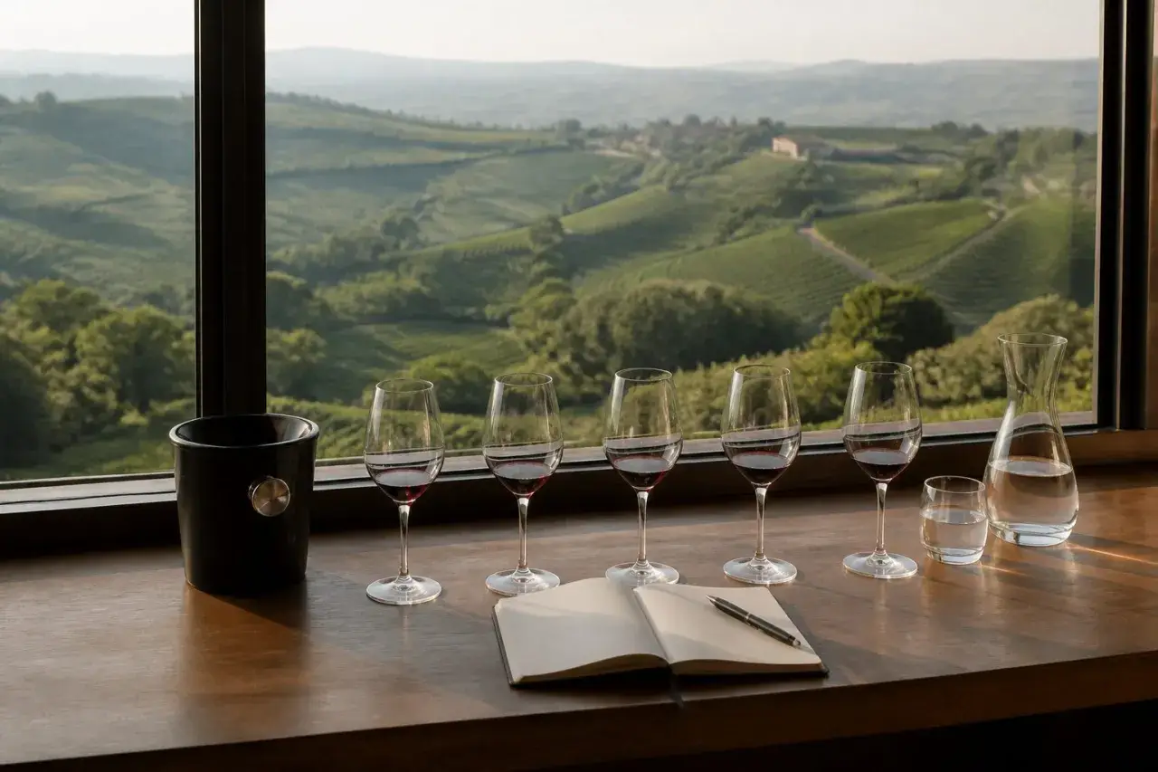 Calici di vino rosso pronti per una degustazione vini Langhe, con un taccuino aperto e un paesaggio collinare sullo sfondo.