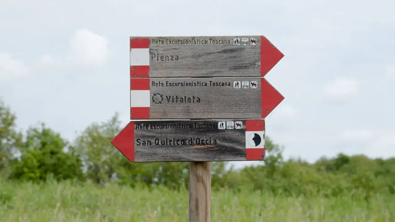 Cartello segnaletico per trekking 2 giorni Toscana: Pienza, Vitaleta, San Quirico d'Orcia. Sentieri per escursionisti e MTB.