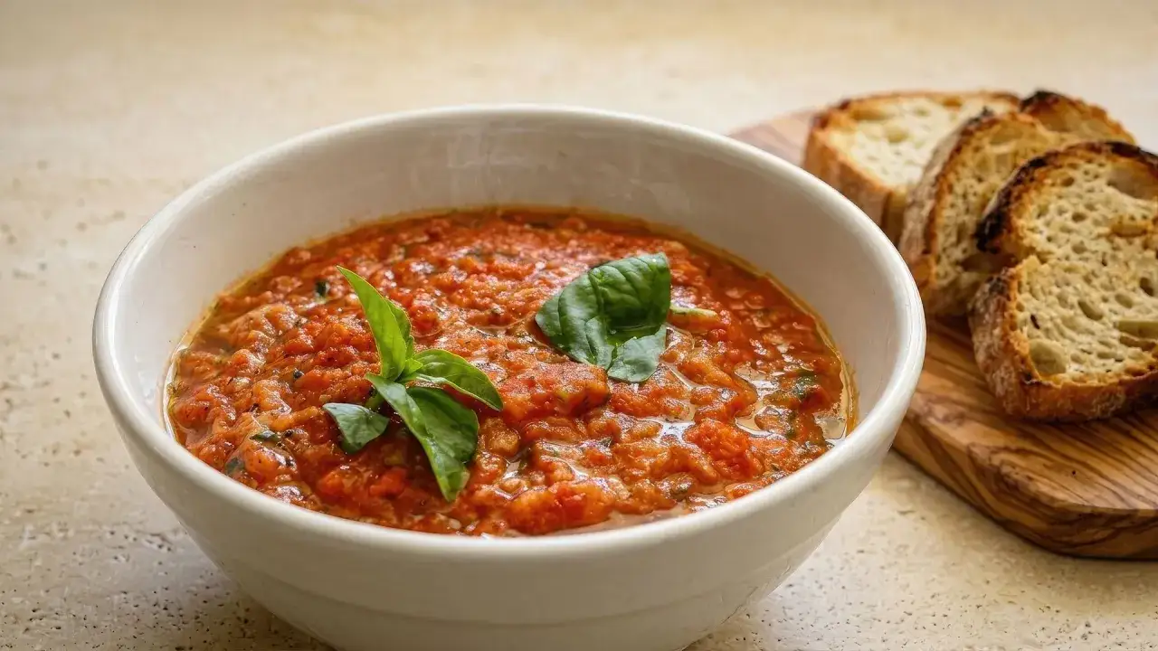 Pappa al pomodoro, un piatto della tradizione toscana, servito in una ciotola con pane tostato e basilico fresco.