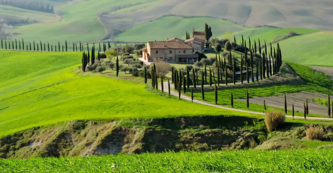 Dolci colline senesi con una casa colonica circondata da cipressi e ulivi, sotto un cielo sfumato.