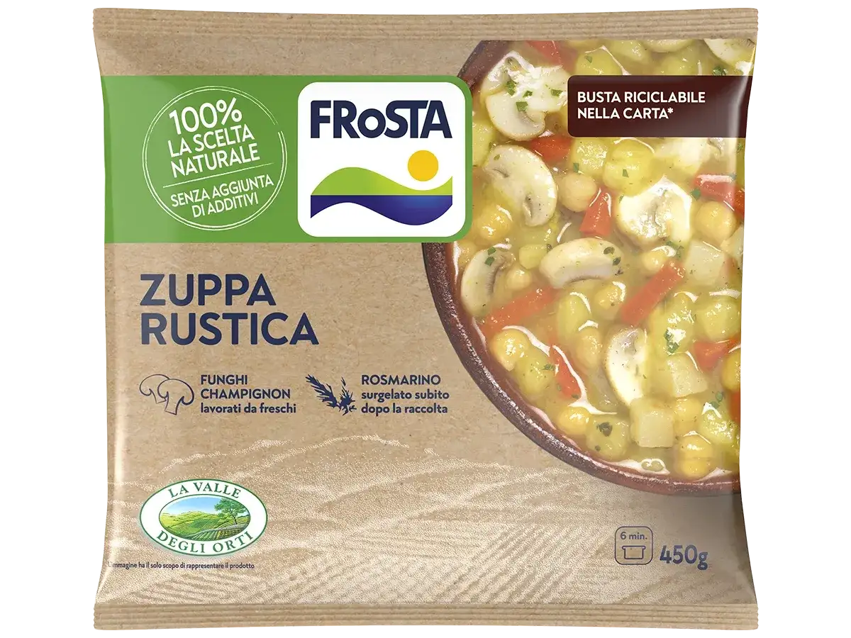 Zuppa rustica toscana con funghi champignon, patate e rosmarino. 100% naturale, senza additivi. Pronto in 6 minuti.