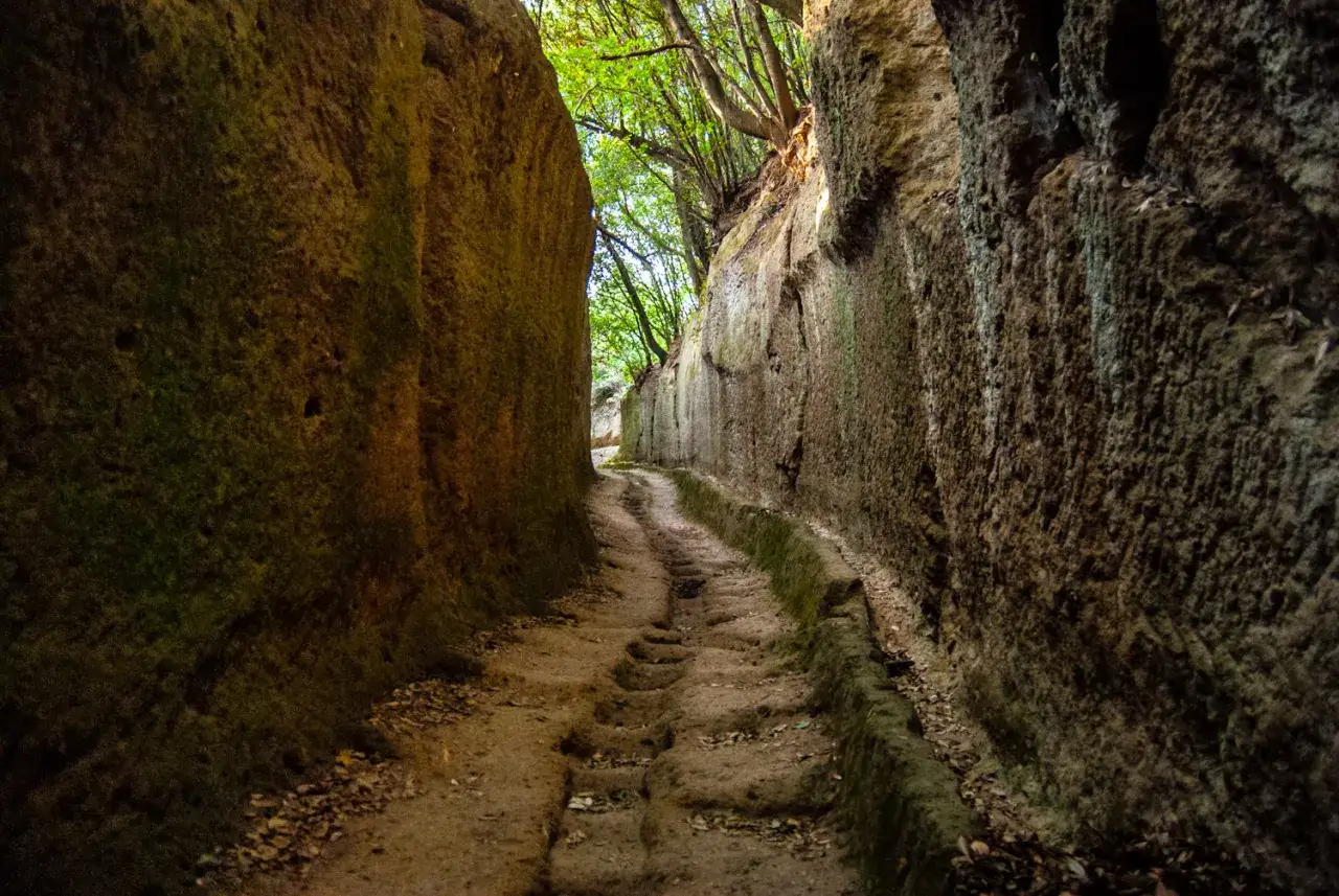 Antica via scavata nella roccia, un sentiero suggestivo che porta verso la storia di Sovana, Italia.