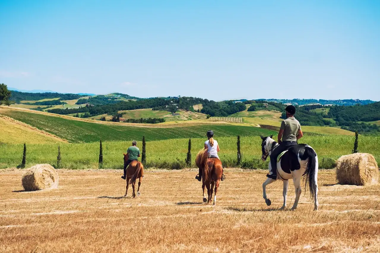 Tre persone godono di una passeggiata a cavallo toscana attraverso campi dorati, con dolci colline verdi sullo sfondo.