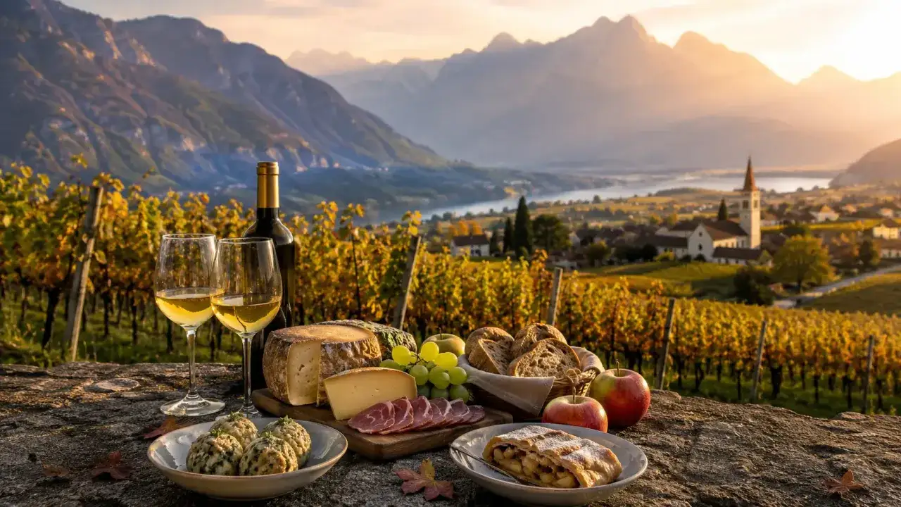 Agriturismo e ristorante a Trento e dintorni: un banchetto con vino, formaggi, salumi e strudel, con vista su vigneti e montagne.