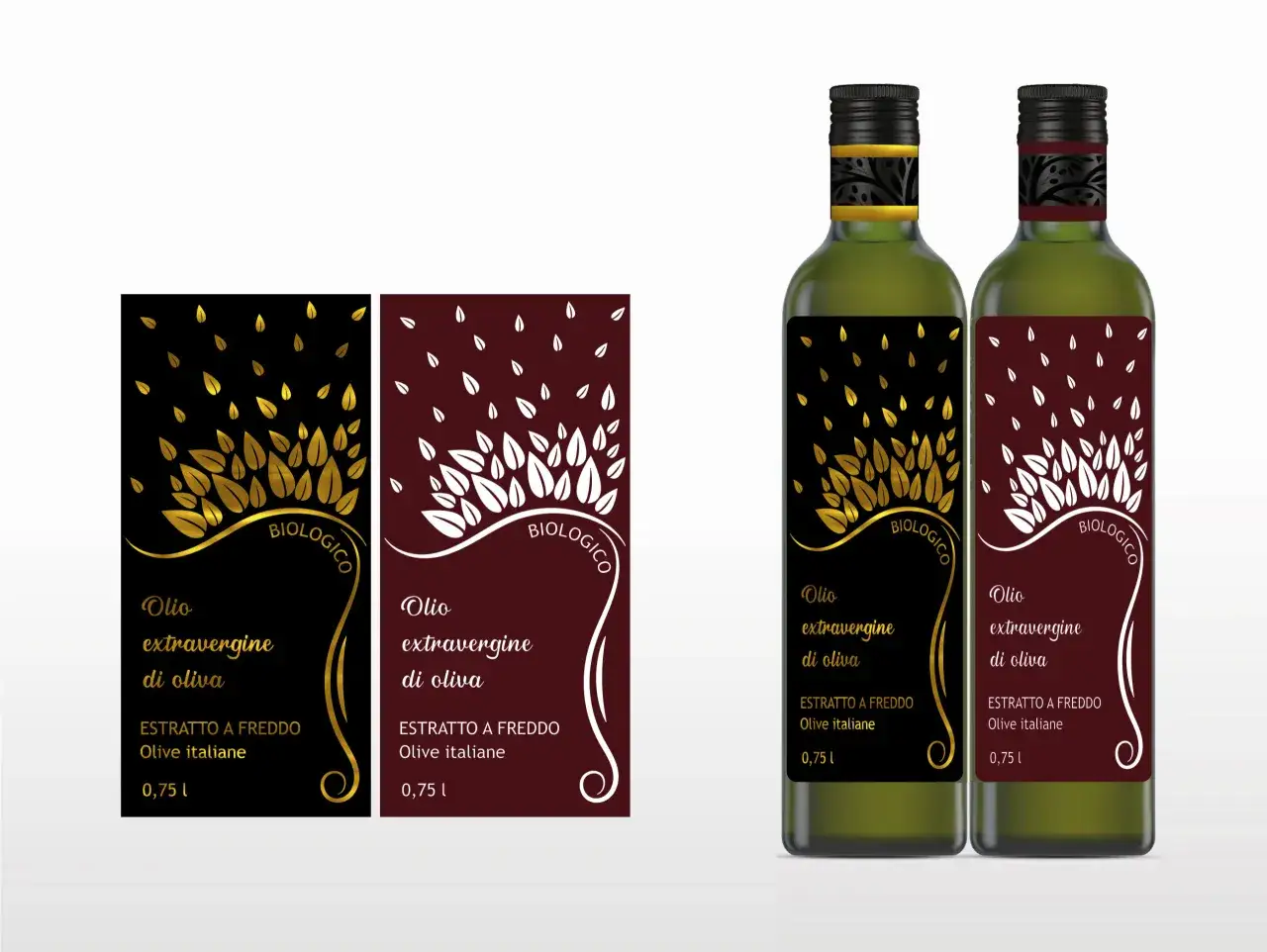 Due bottiglie di olio di oliva non extravergine, etichette nere e bordeaux con foglie dorate e bianche.