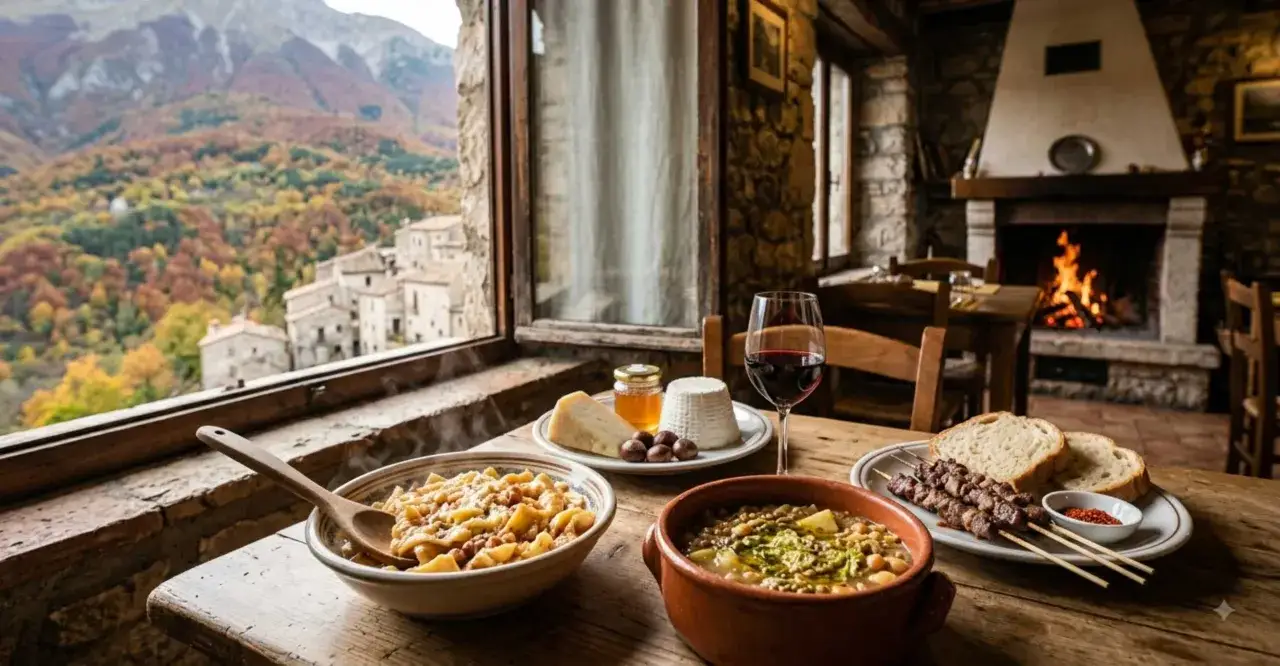 Un pasto caldo con pasta, zuppa di legumi e spiedini, perfetto per le sagre autunnali. La vista sulle colline colorate completa l'atmosfera accogliente.