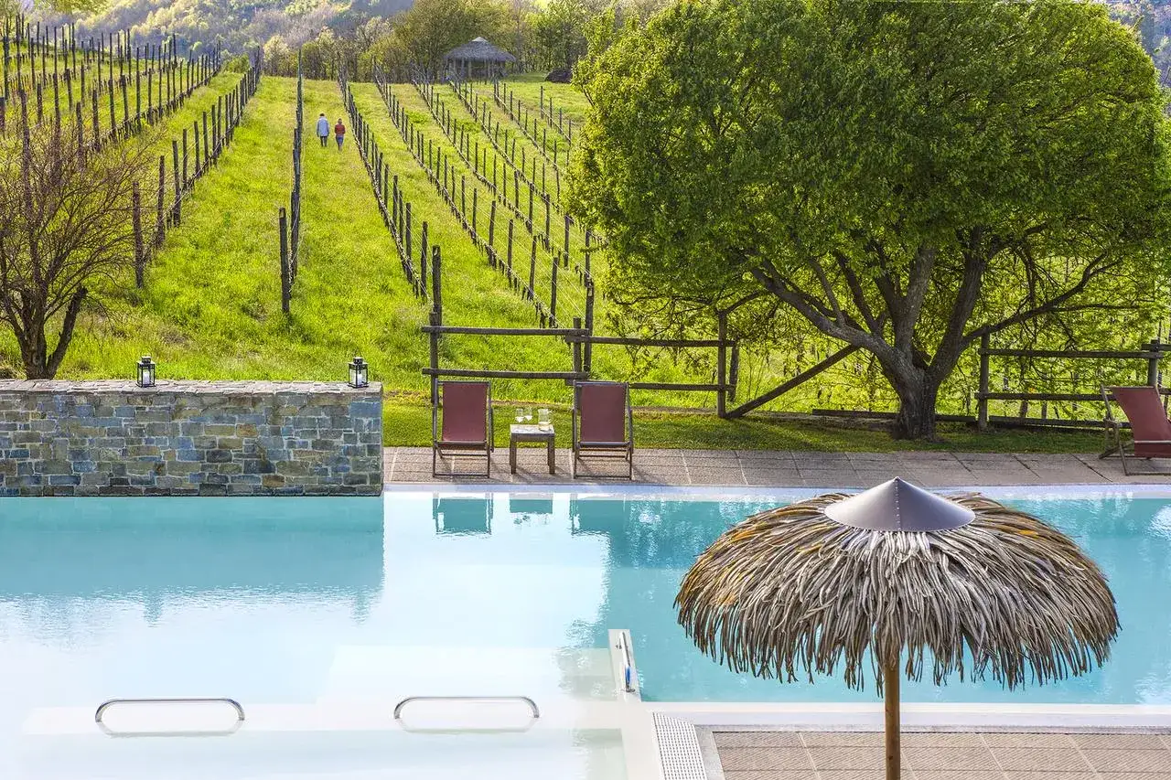 Piscina con vista sui vigneti delle Langhe, un invito al relax negli agriturismi Piemonte.