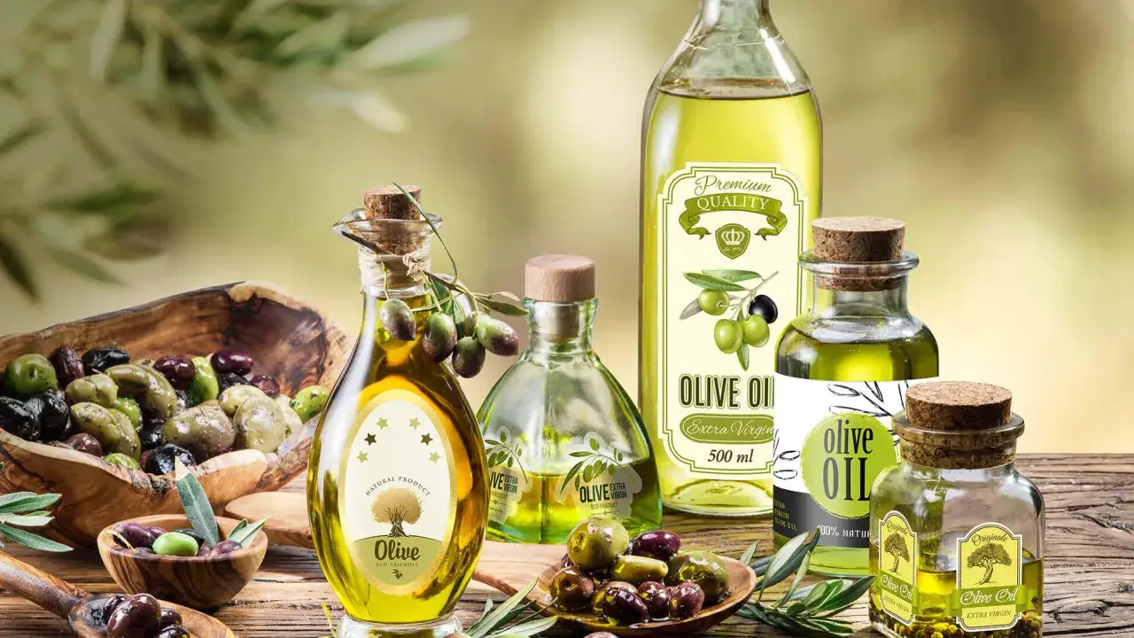 Bottiglie di olio EVO, che significa olio extra vergine di oliva, con olive fresche e un'atmosfera naturale.