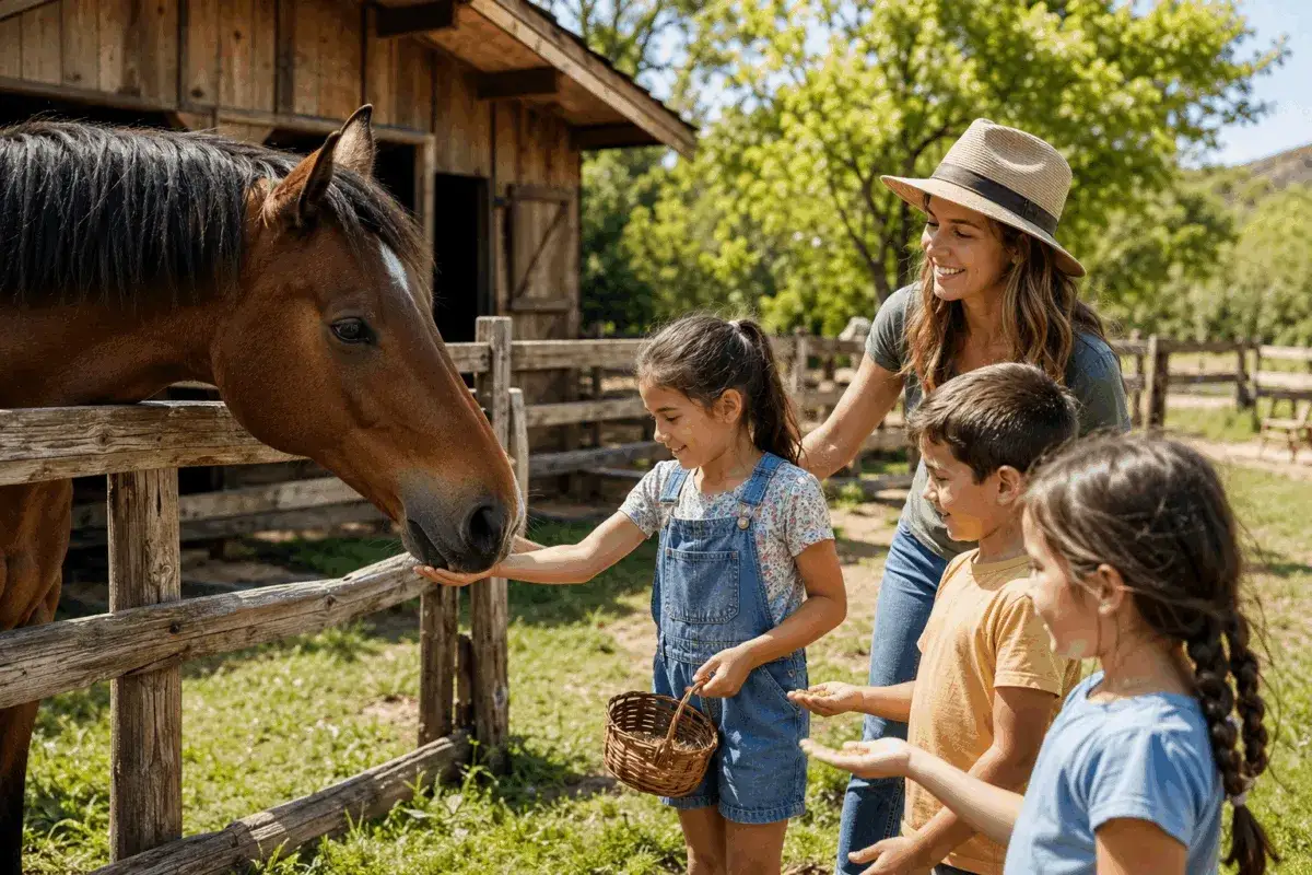 Bambini felici danno da mangiare a un cavallo, un'esperienza indimenticabile di giro a cavallo per bambini.