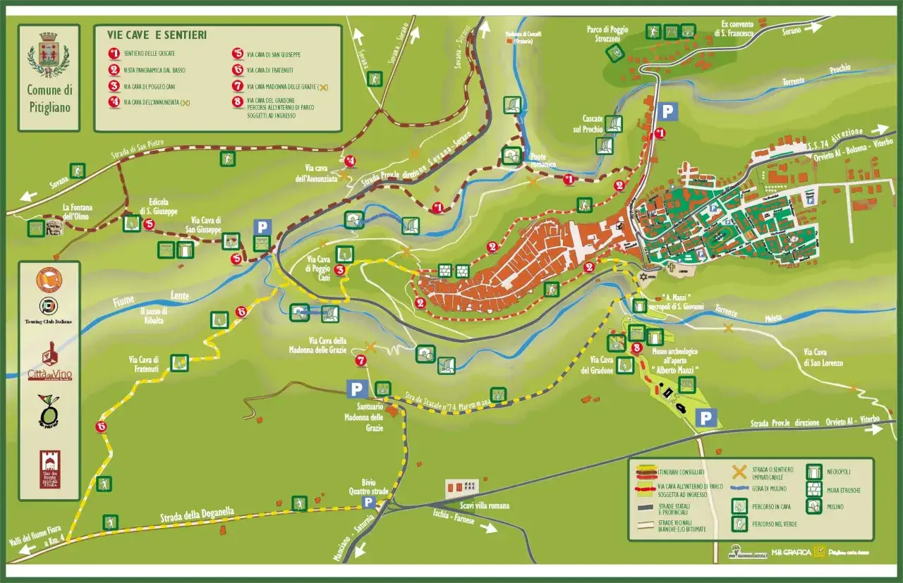 Mappa di Pitigliano: cosa vedere a Pitigliano in mezza giornata. Sentieri, vie cave, cascate, borgo e necropoli.
